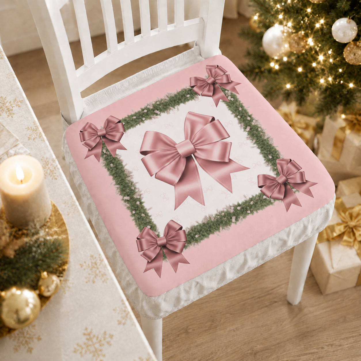 Coprisedia Natalizi con Elastico in Stampa Digitale Fiocco Rosa Piume.
