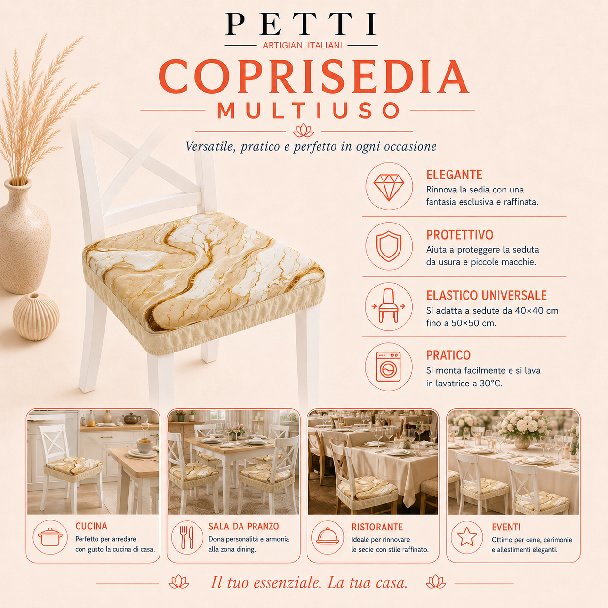 Coprisedia con Elastico Effetto Marmo Beige | Set 2 o 6 Pz | PETTI