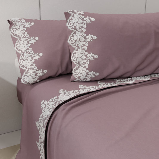 Draps percale avec dentelle, draps double en coton couleur oignon