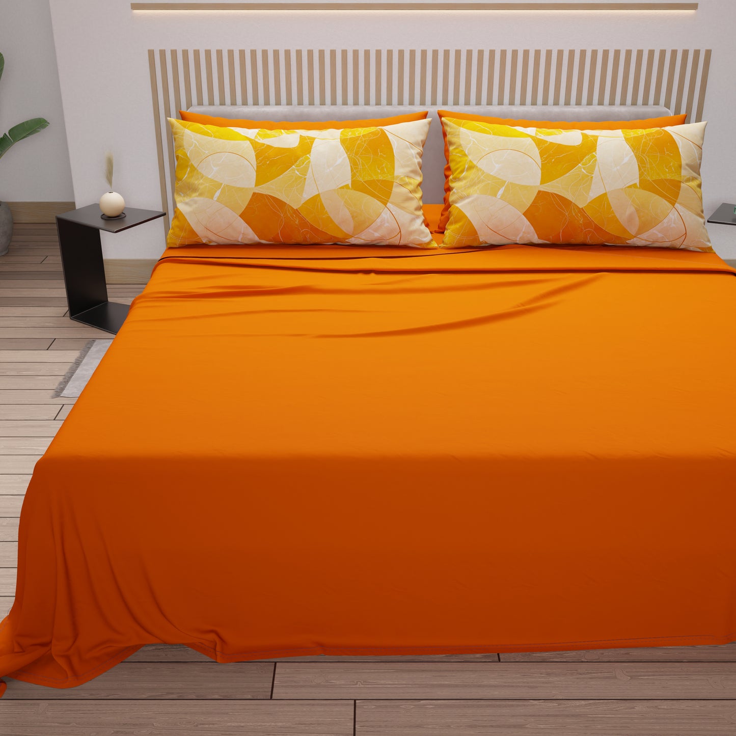 Lenzuola in Cotone, Completo Letto con Federe in Stampa Digitale Geo Cerchio Arancione