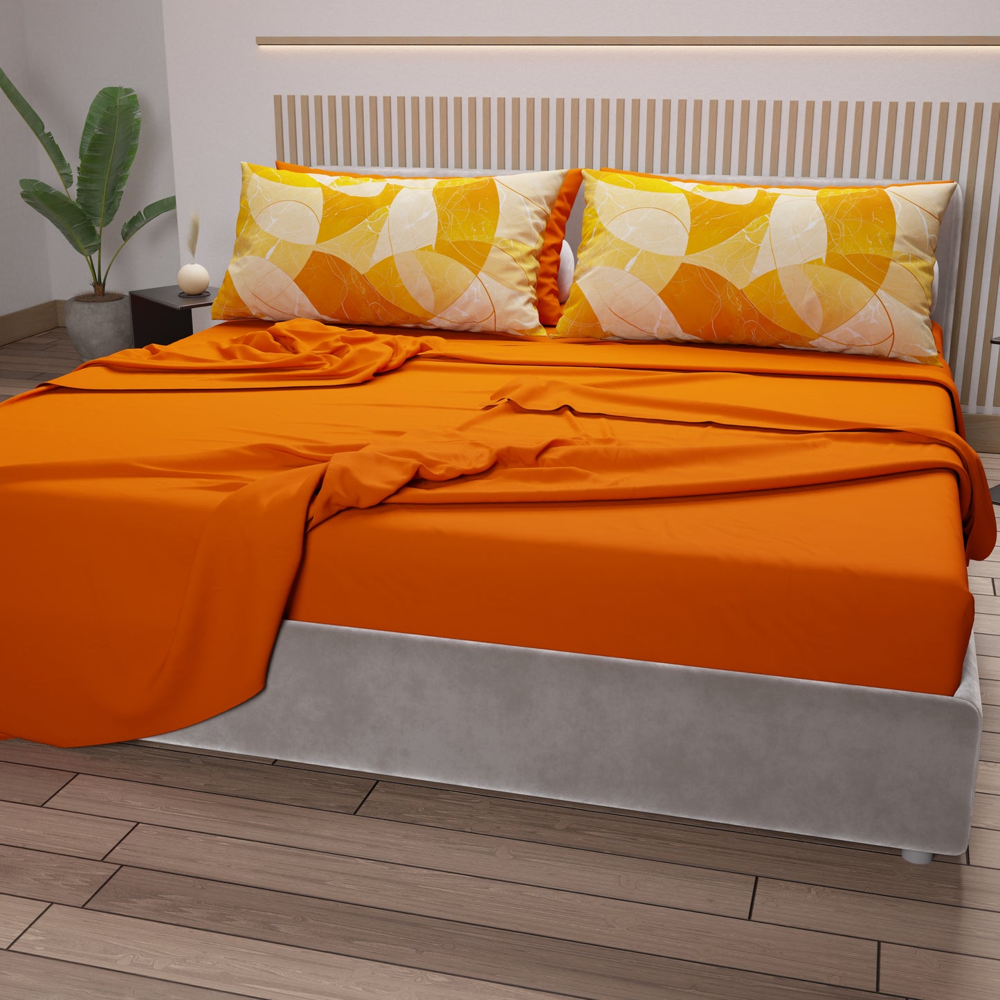 Lenzuola in Cotone, Completo Letto con Federe in Stampa Digitale Geo Cerchio Arancione