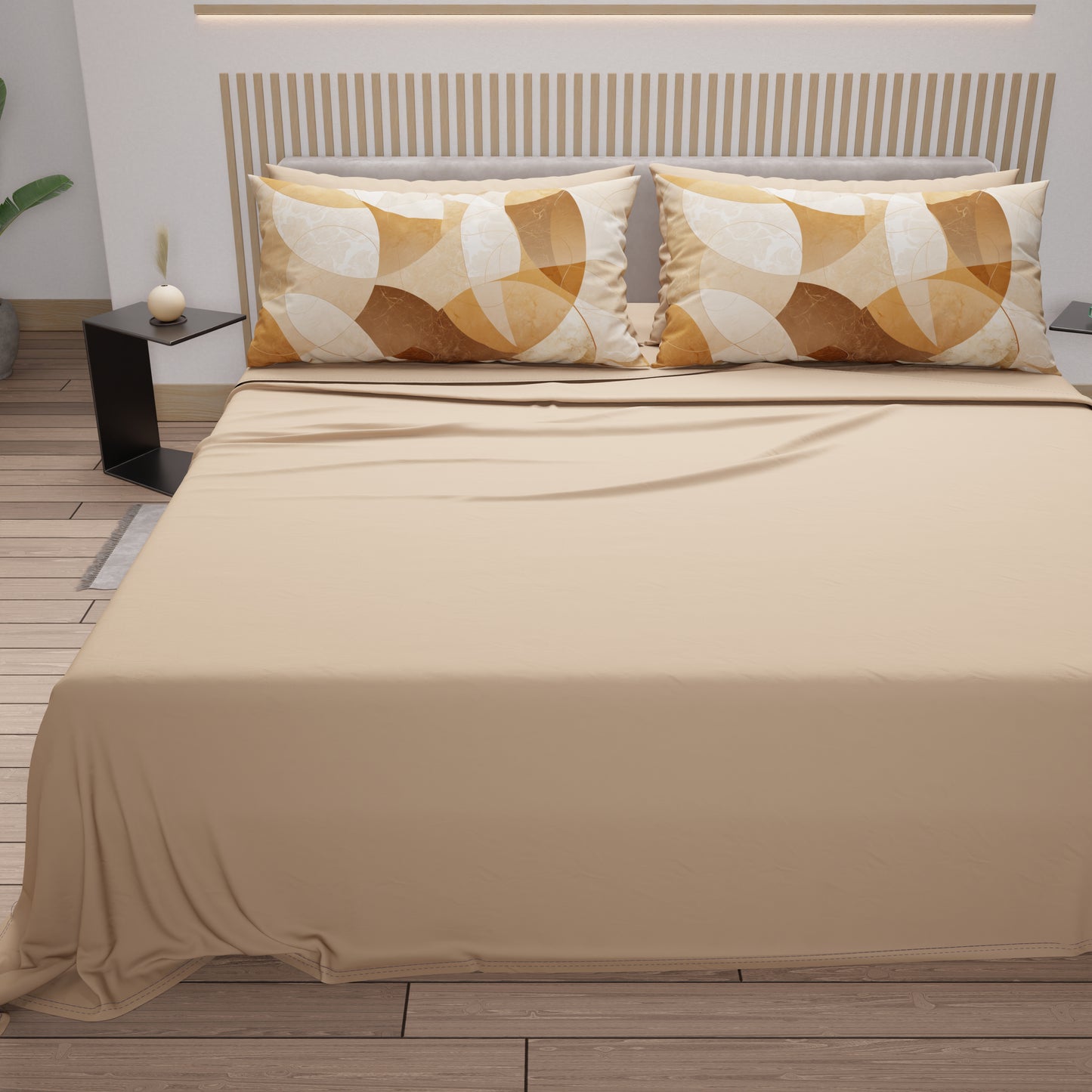 Lenzuola in Cotone, Completo Letto con Federe in Stampa Digitale Geo Cerchio Beige
