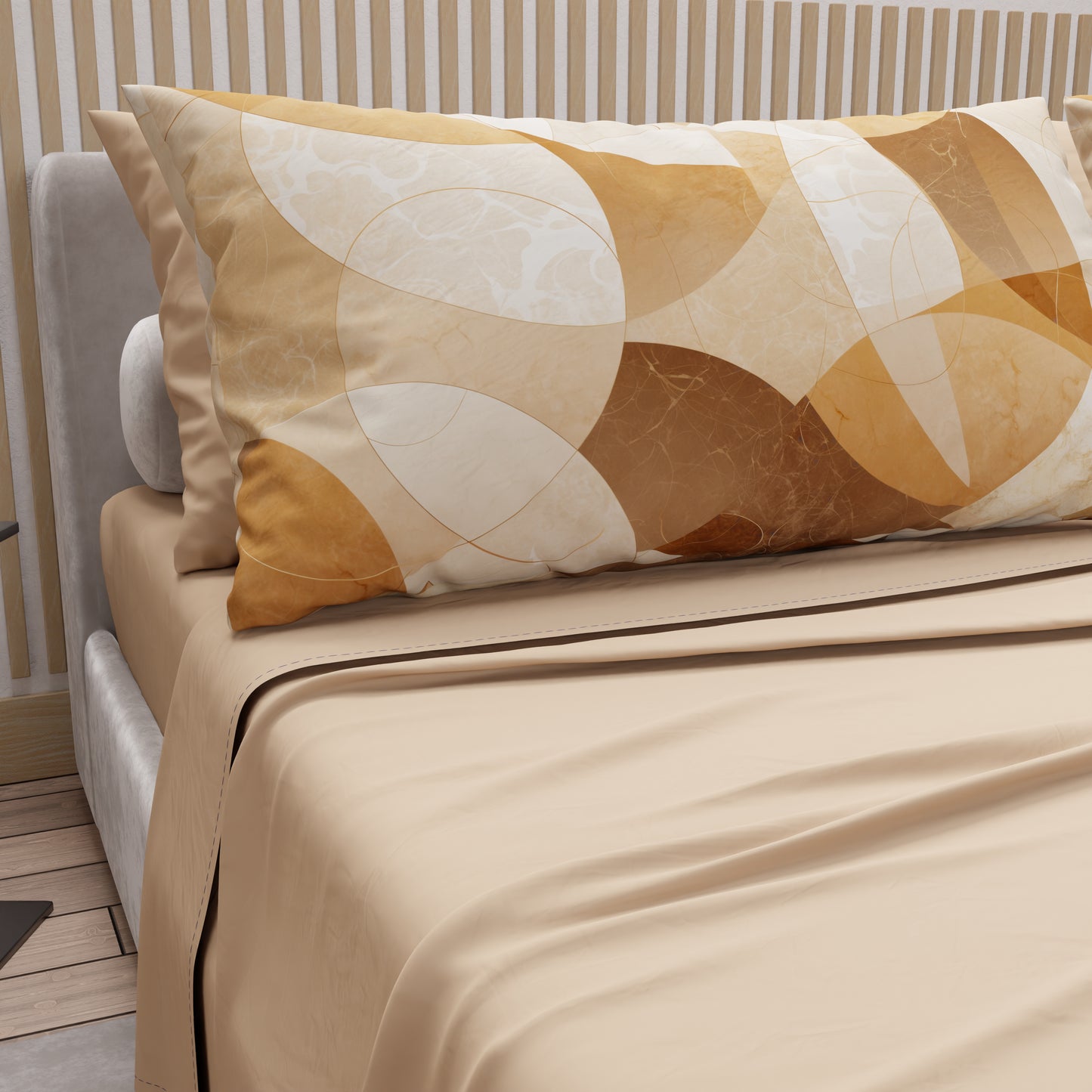 Lenzuola in Cotone, Completo Letto con Federe in Stampa Digitale Geo Cerchio Beige