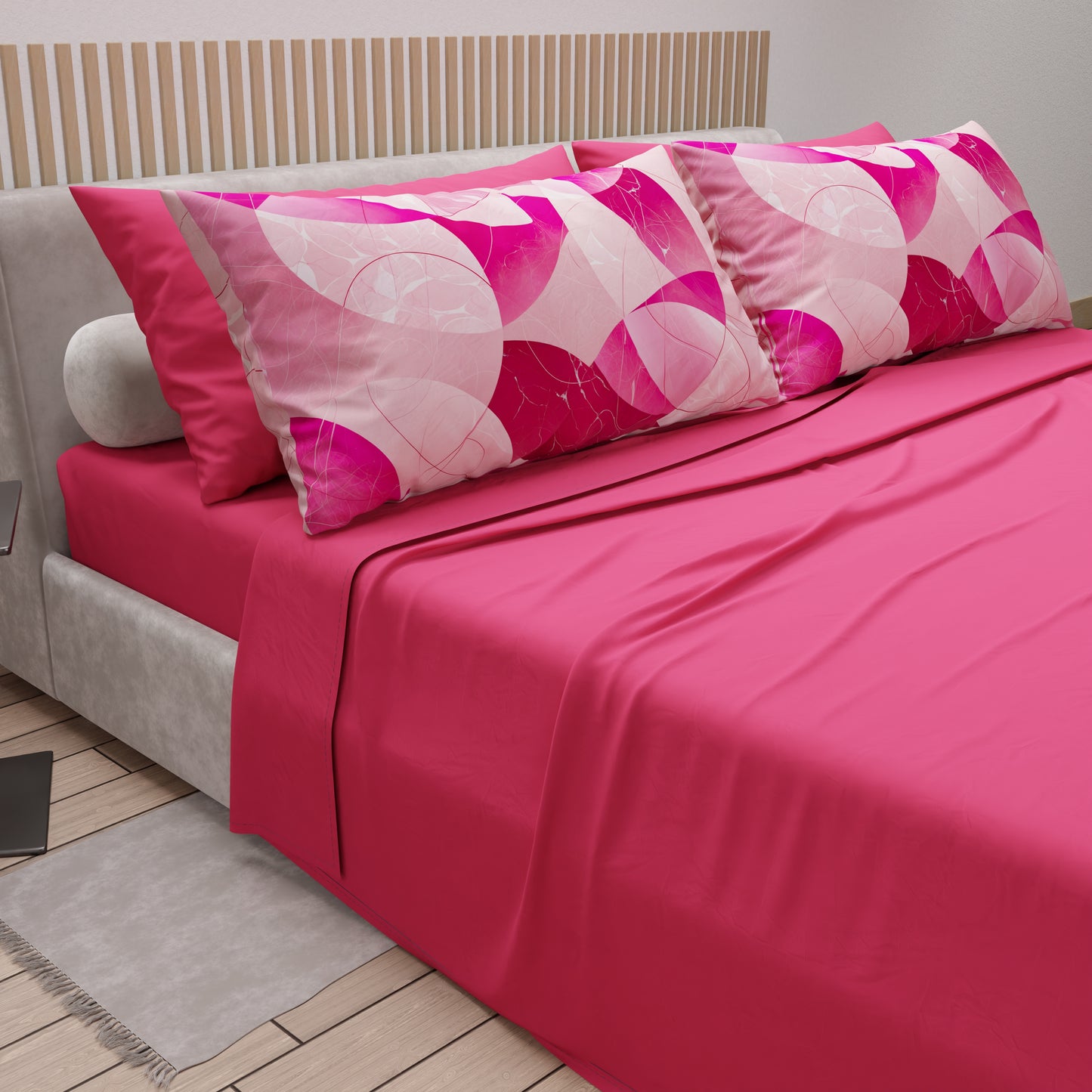 Lenzuola in Cotone, Completo Letto con Federe in Stampa Digitale Geo Cerchio Fucsia