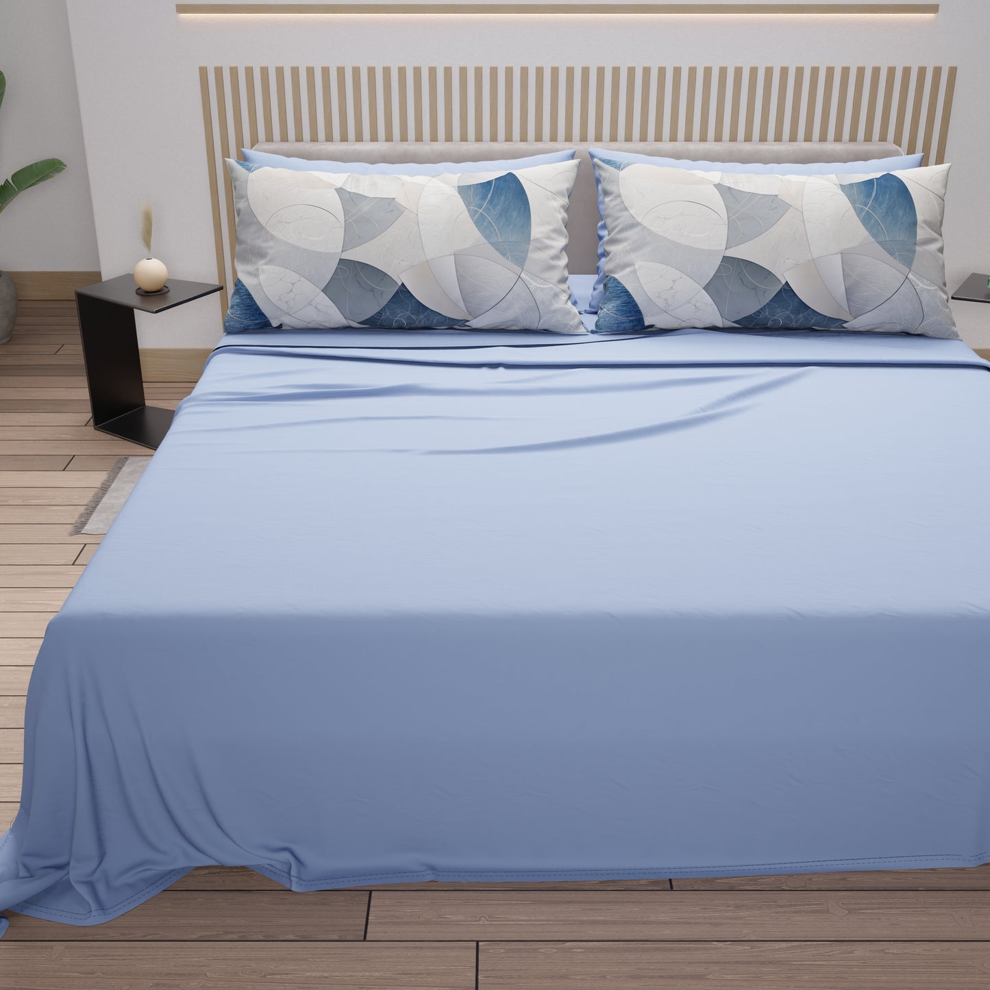 Lenzuola in Cotone, Completo Letto con Federe in Stampa Digitale Geo Cerchio Jeans Celeste