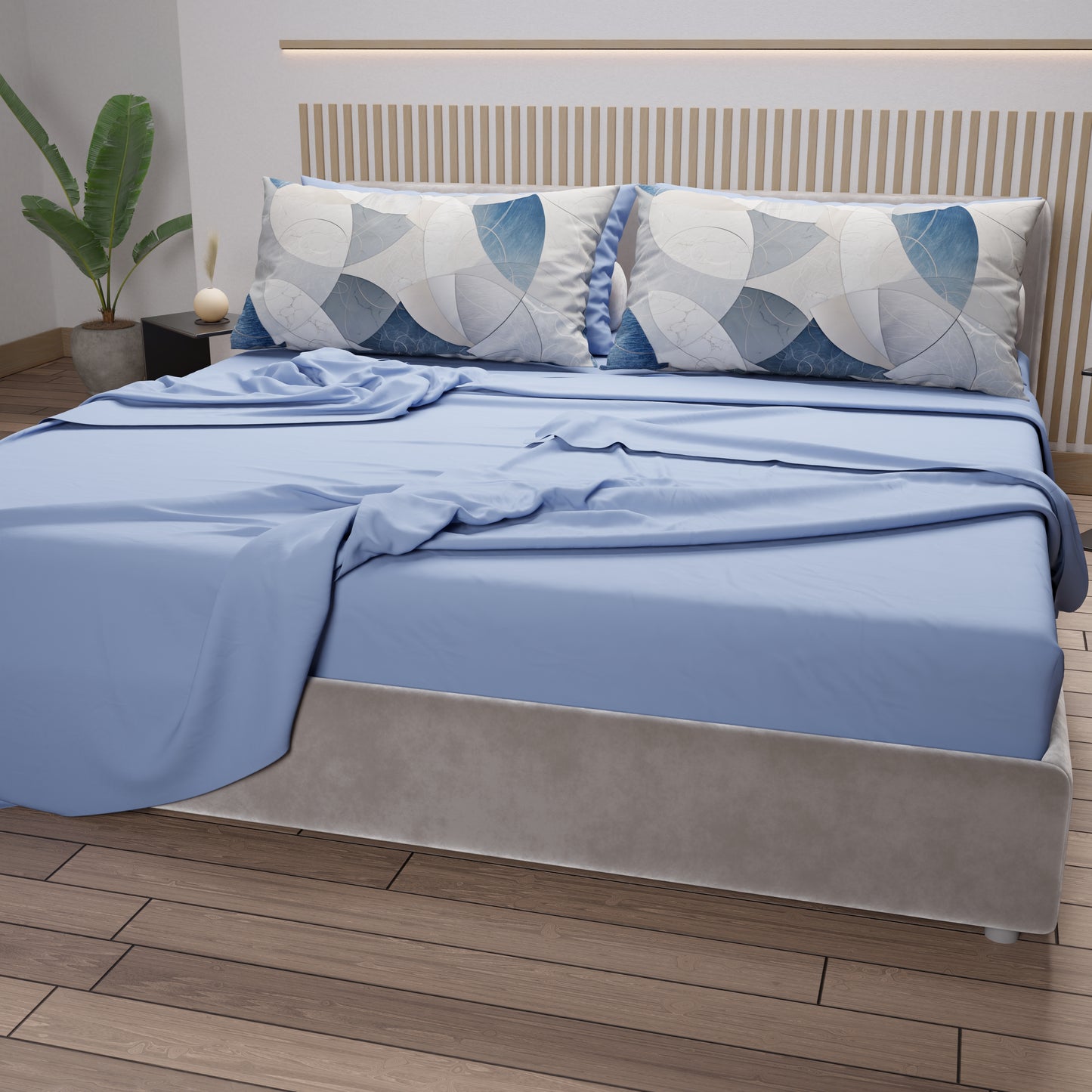 Lenzuola in Cotone, Completo Letto con Federe in Stampa Digitale Geo Cerchio Jeans Celeste