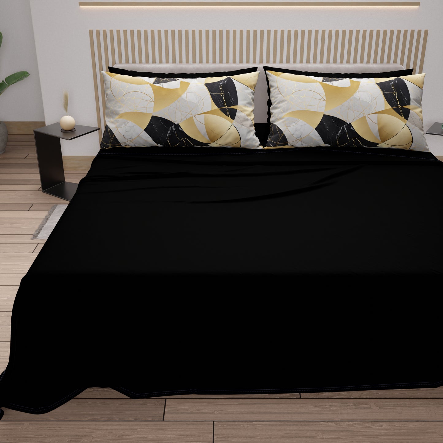 Lenzuola in Cotone, Completo Letto con Federe in Stampa Digitale Geo Cerchio Nero Oro