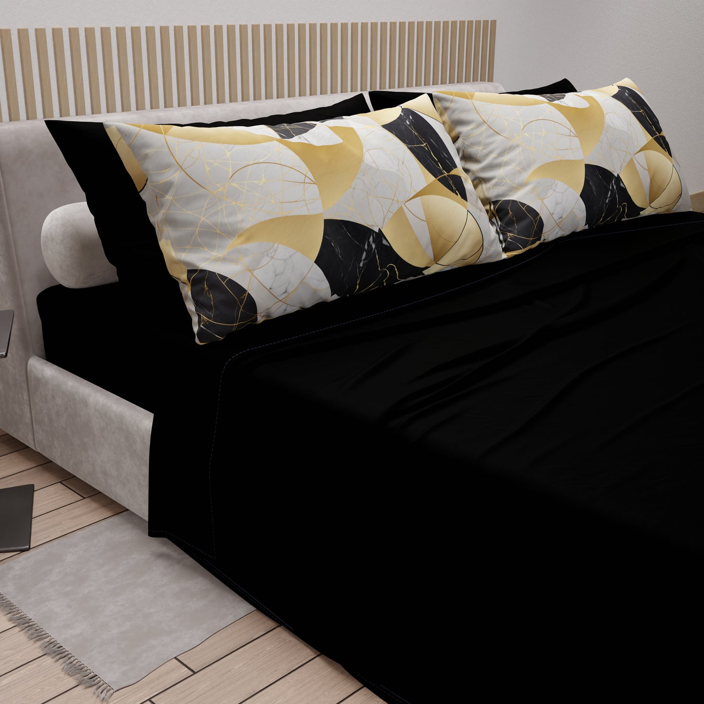 Lenzuola in Cotone, Completo Letto con Federe in Stampa Digitale Geo Cerchio Nero Oro