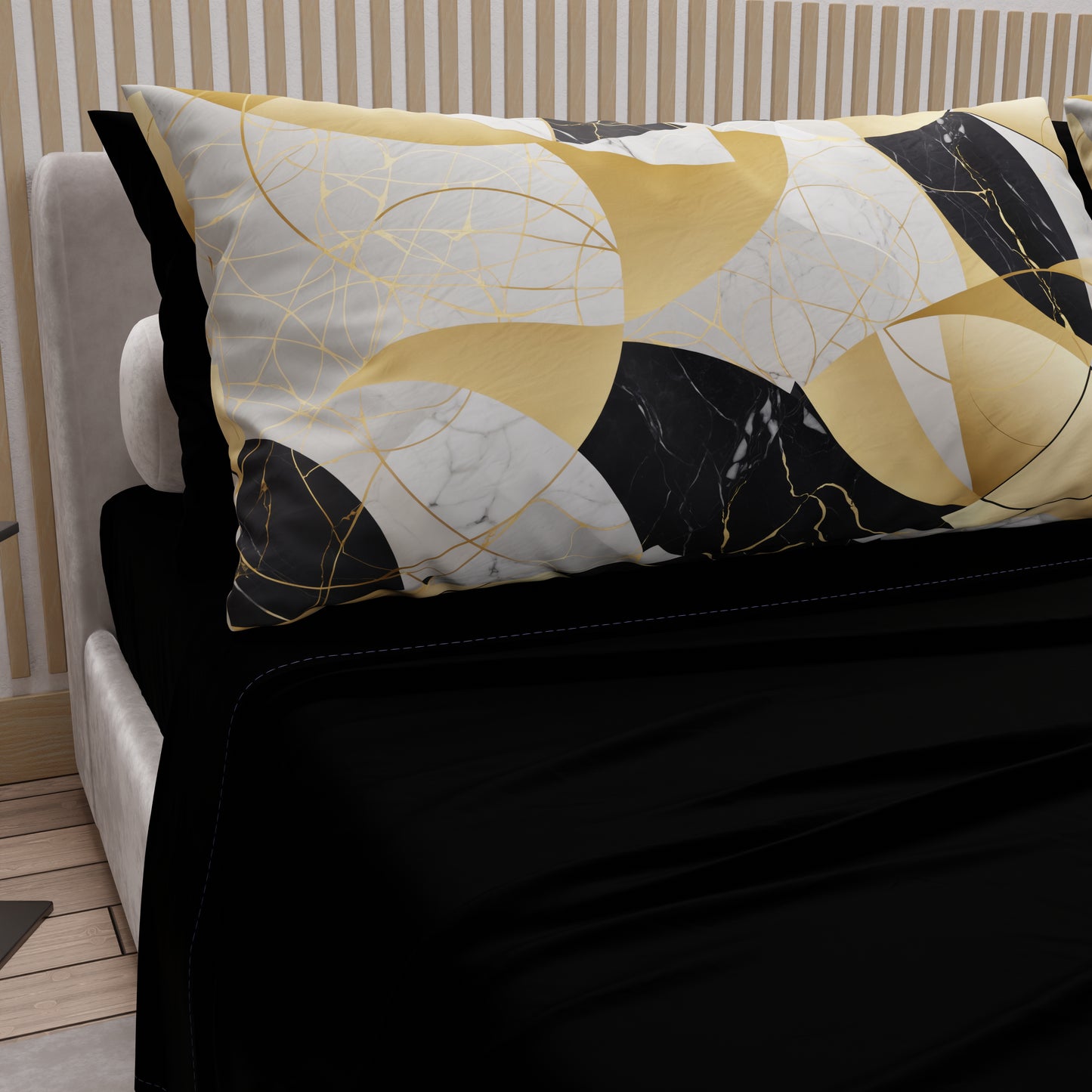 Lenzuola in Cotone, Completo Letto con Federe in Stampa Digitale Geo Cerchio Nero Oro