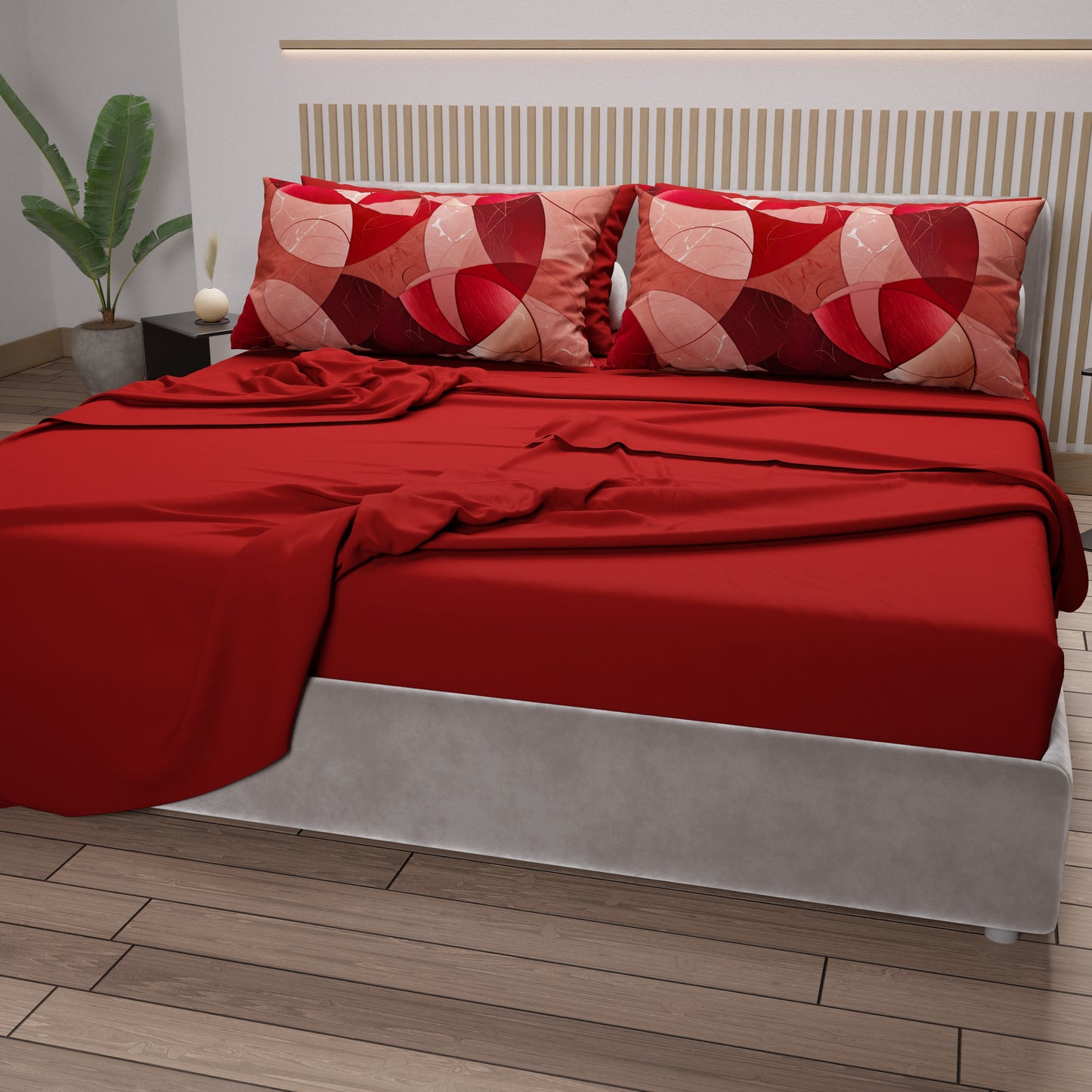 Lenzuola in Cotone, Completo Letto con Federe in Stampa Digitale Geo Cerchio Rosso