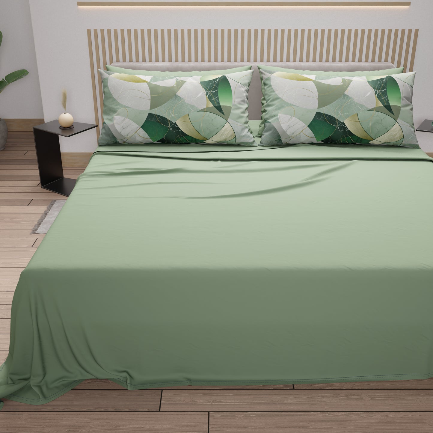 Lenzuola in Cotone, Completo Letto con Federe in Stampa Digitale Geo Cerchio Salvia