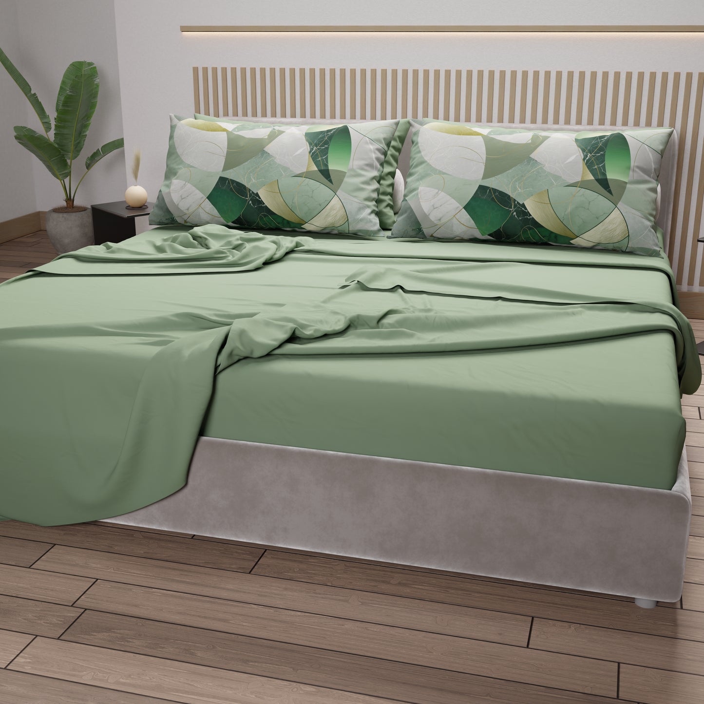 Lenzuola in Cotone, Completo Letto con Federe in Stampa Digitale Geo Cerchio Salvia