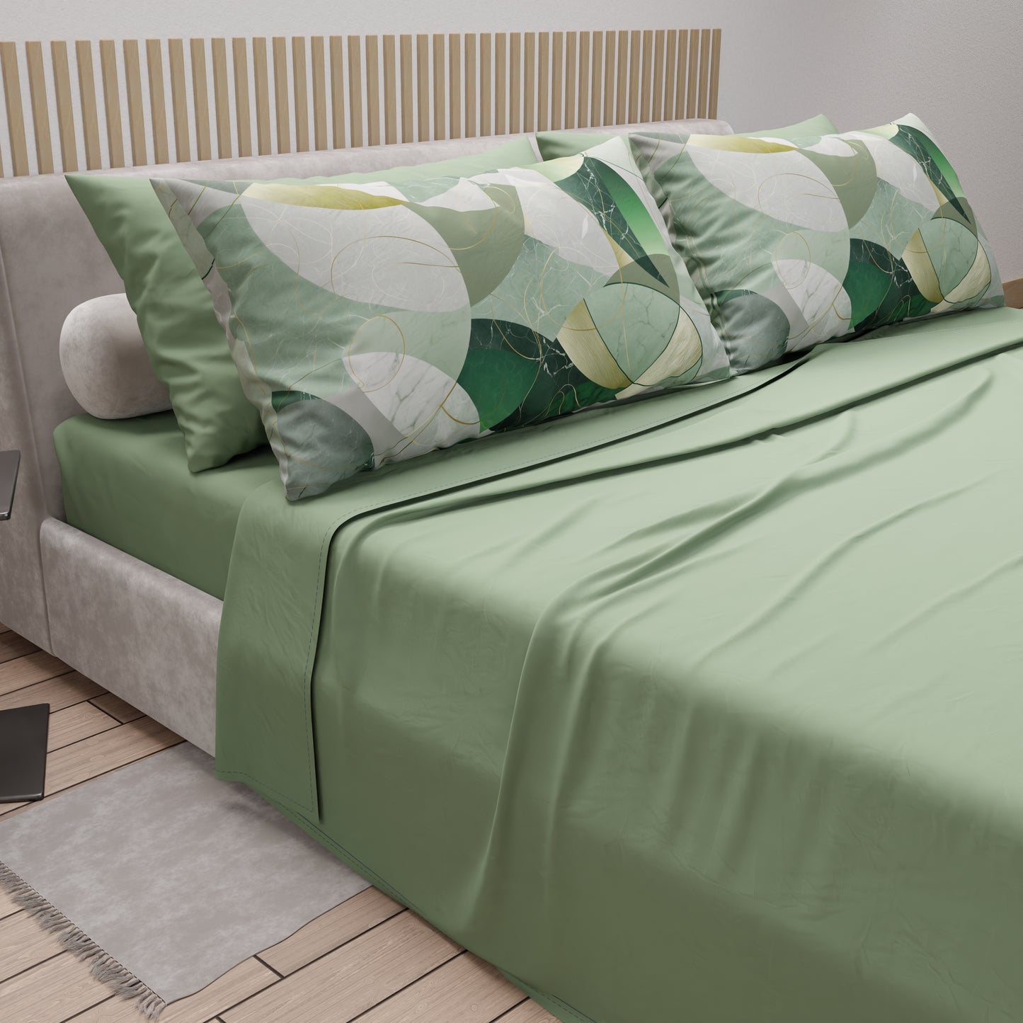 Lenzuola in Cotone, Completo Letto con Federe in Stampa Digitale Geo Cerchio Salvia