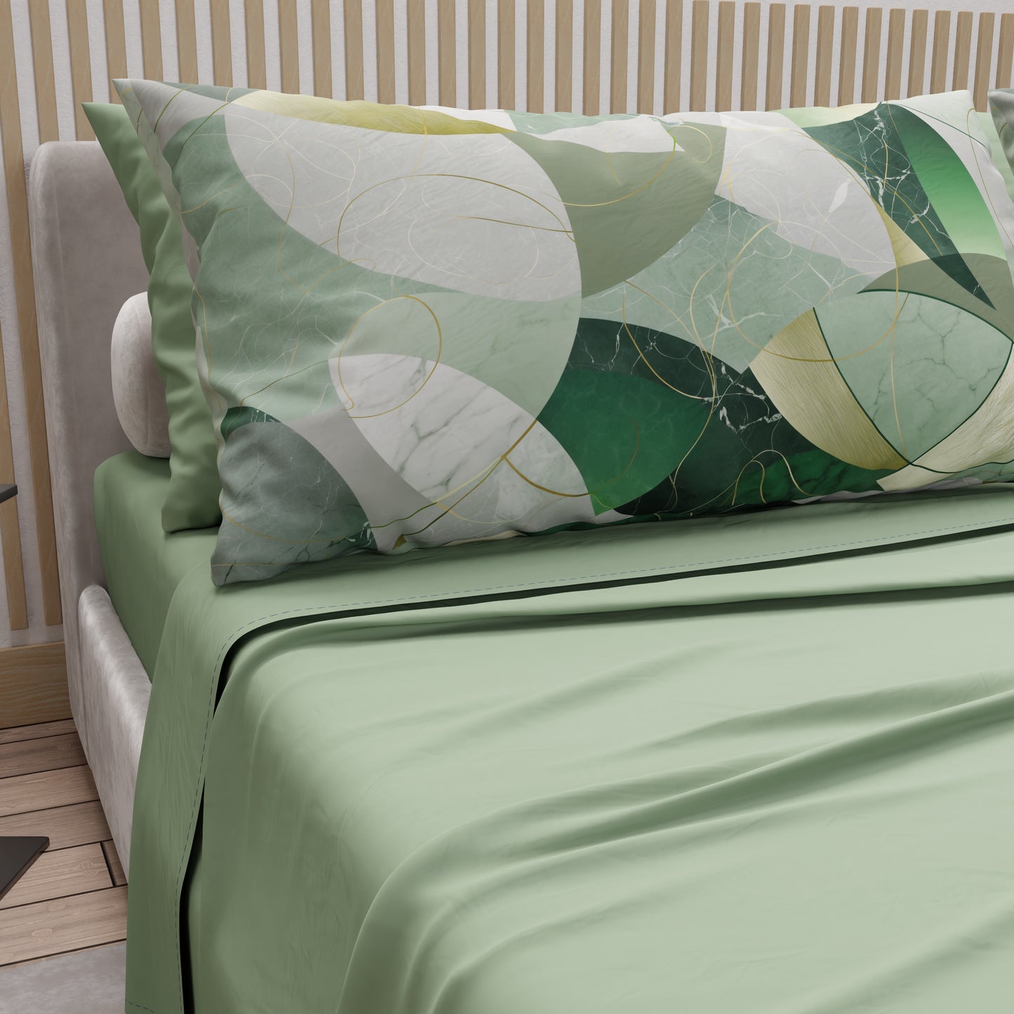Lenzuola in Cotone, Completo Letto con Federe in Stampa Digitale Geo Cerchio Salvia
