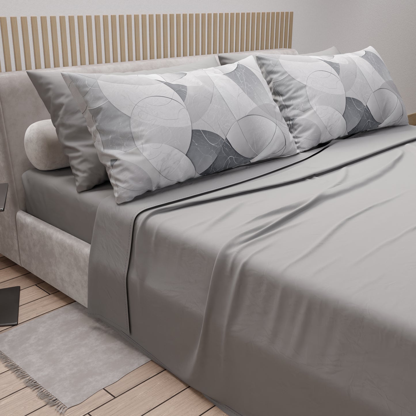 Lenzuola in Cotone, Completo Letto con Federe in Stampa Digitale Geo Cerchio Silver Grigio Chiaro