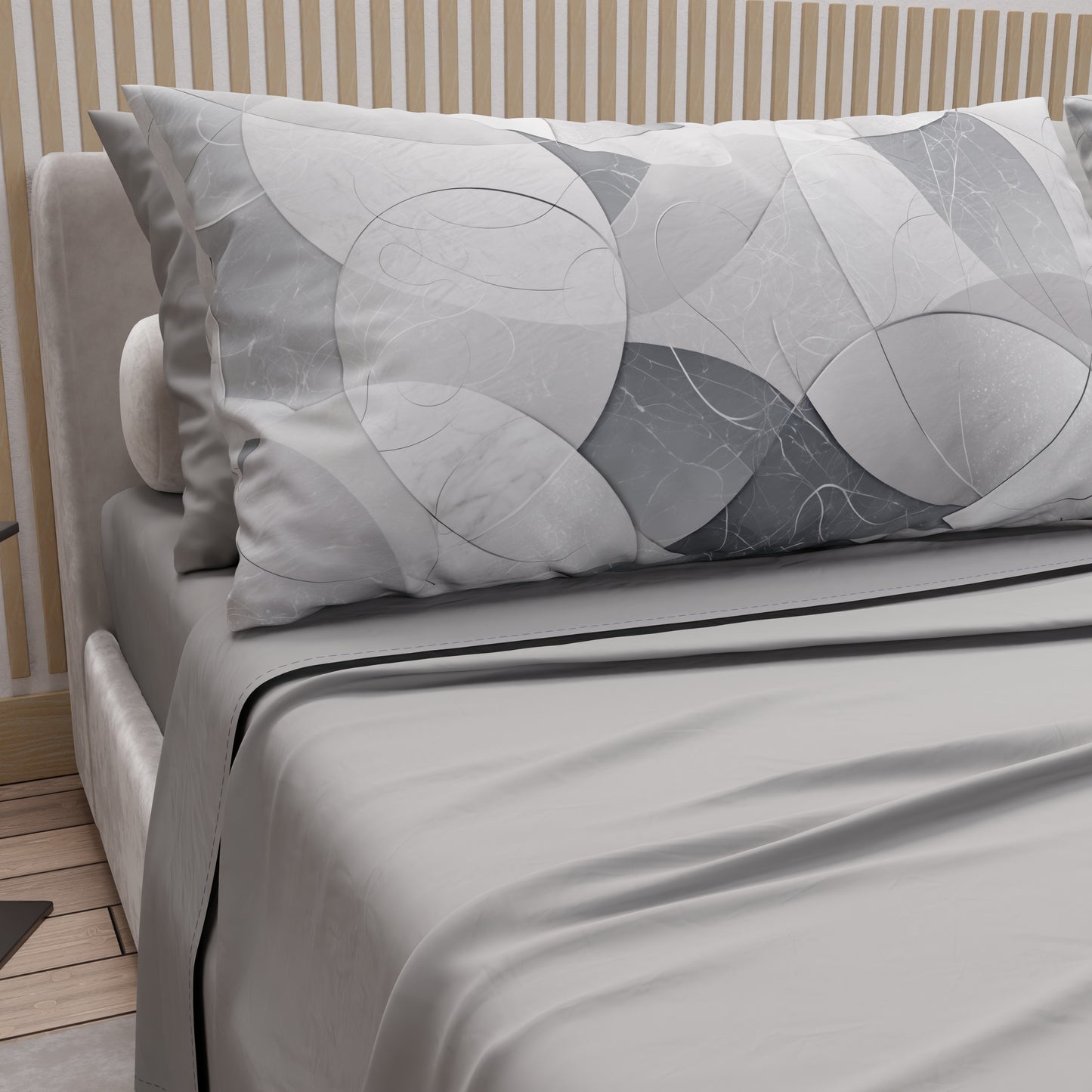 Lenzuola in Cotone, Completo Letto con Federe in Stampa Digitale Geo Cerchio Silver Grigio Chiaro