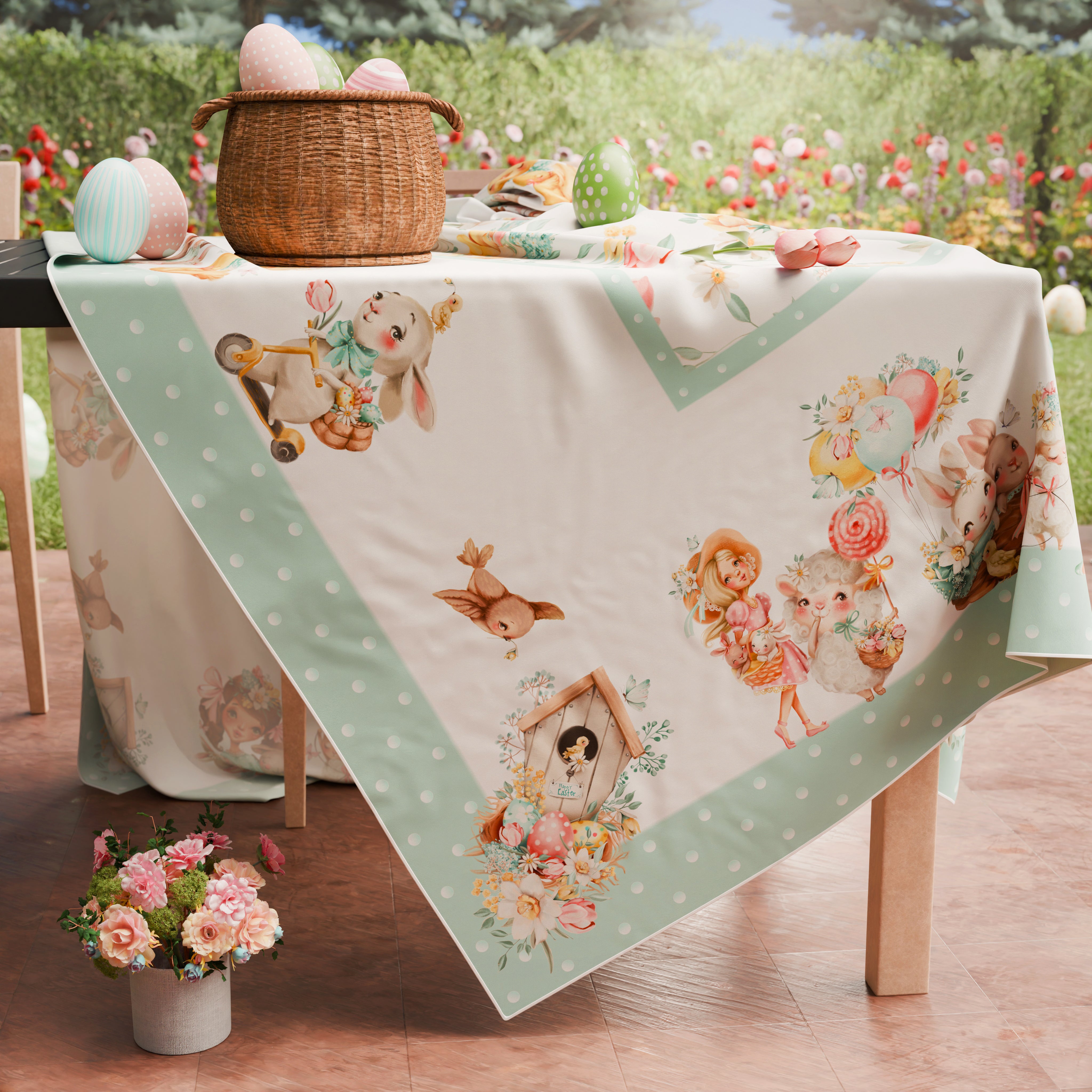 Horaldaily Tovaglia Rotonda Pasquale 178 Cm - Con Carote E Coniglietti, Poliestere, Lavabile, Per Tavoli 4-6 Persone