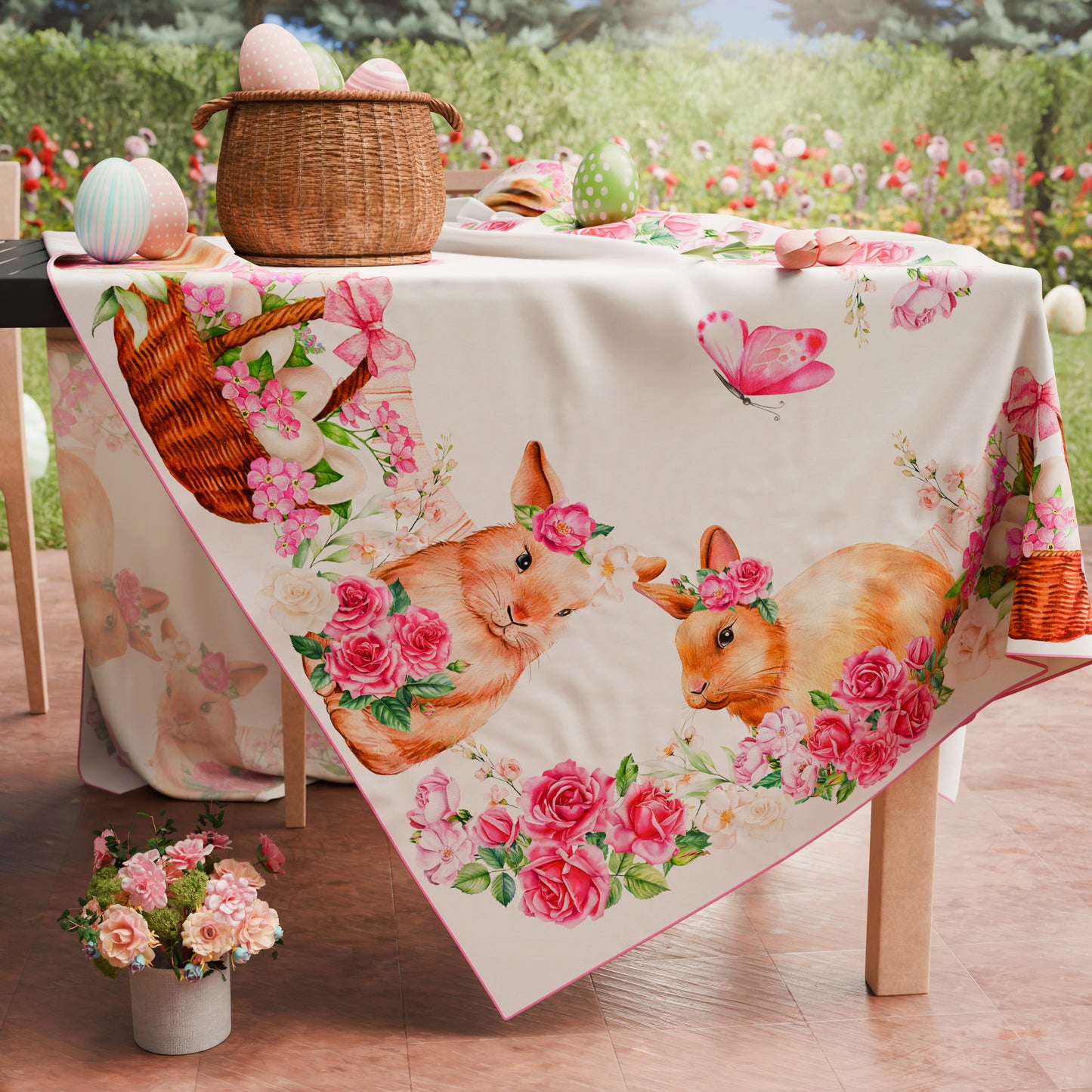 Stain-resistant Easter tablecloth, Pink Bunny Easter kitchen table cover