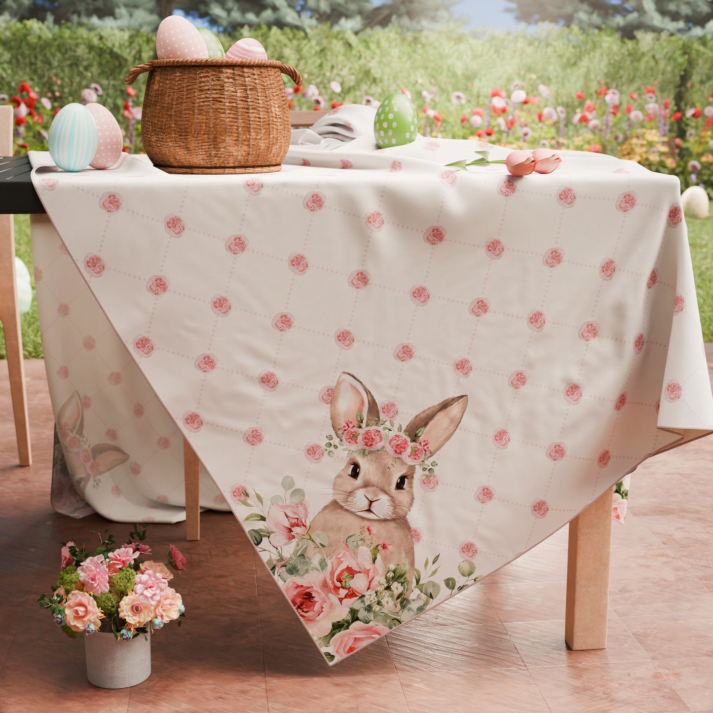 Tovaglia Pasquale da Tavola Antimacchia, Copritavolo Pasqua da Cucina Pink Rabbit