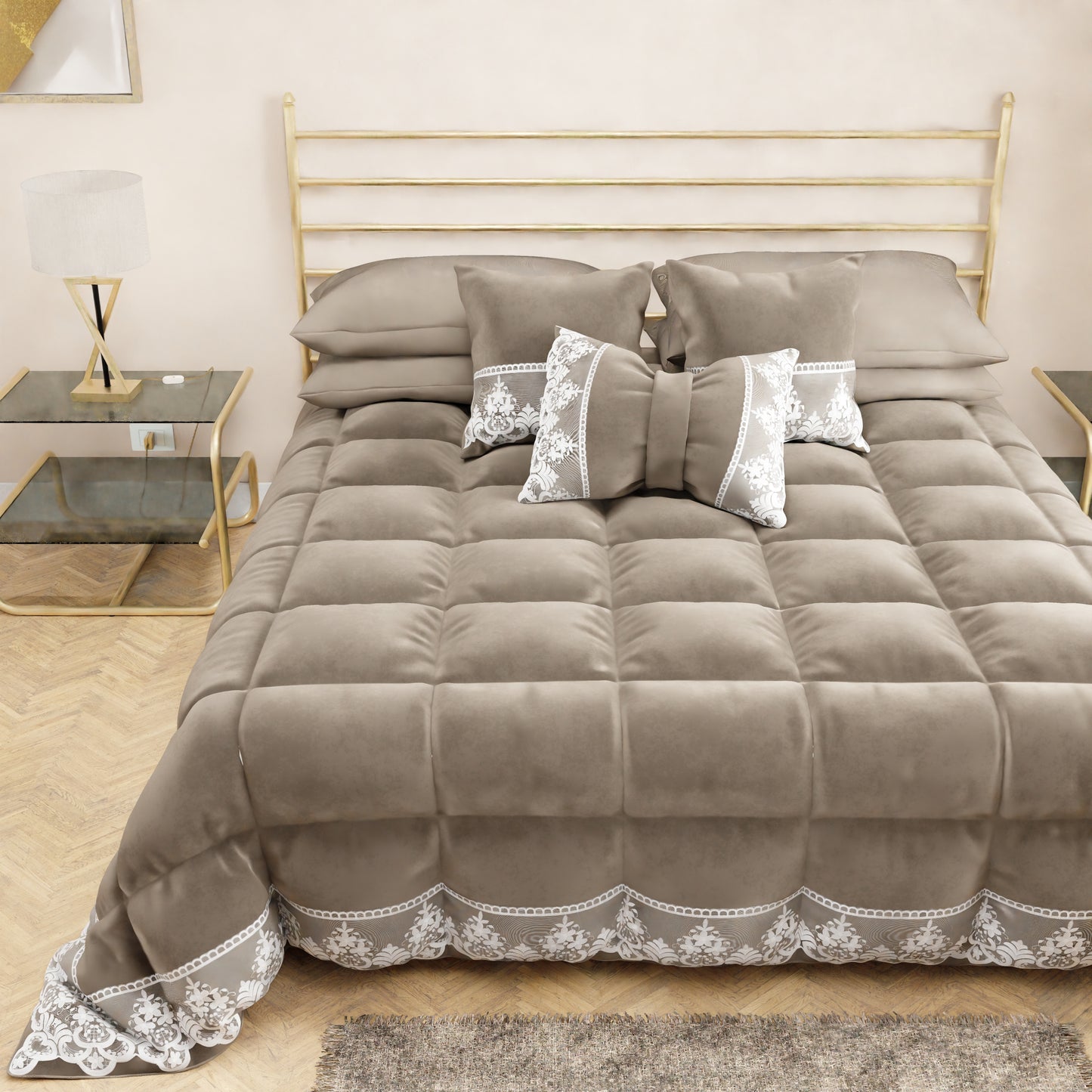 Trapunta Invernale in Morbido e Caldo Velluto e Balza con Pizzo Rebrodè Fango By Sissy