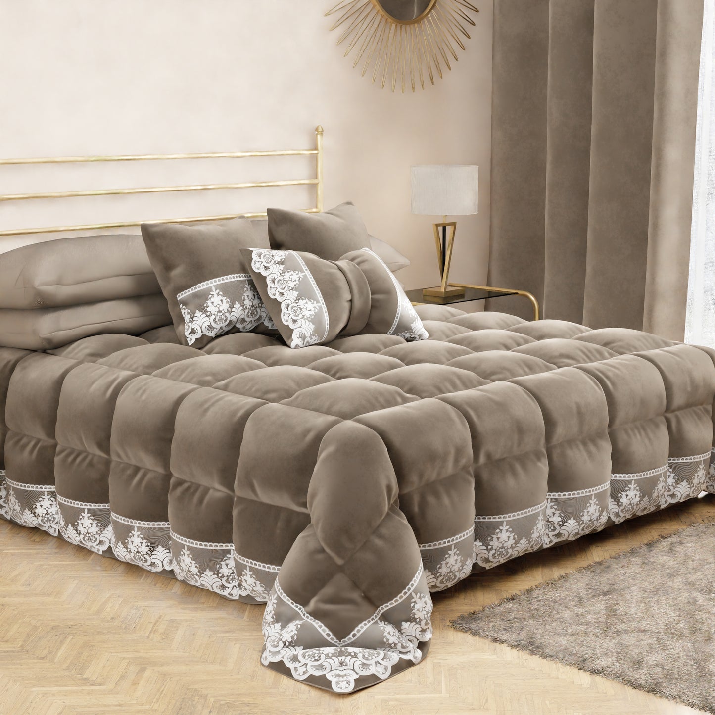 Trapunta Invernale in Morbido e Caldo Velluto e Balza con Pizzo Rebrodè Fango By Sissy