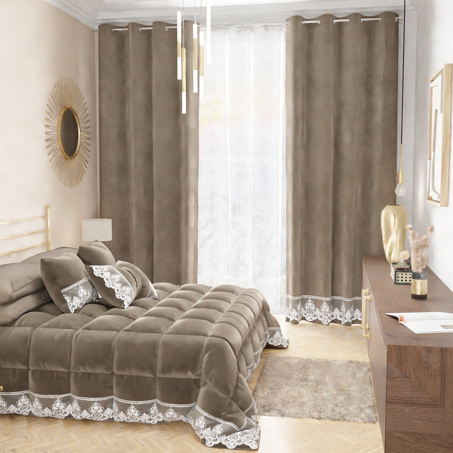 Trapunta Invernale in Morbido e Caldo Velluto e Balza con Pizzo Rebrodè Fango By Sissy