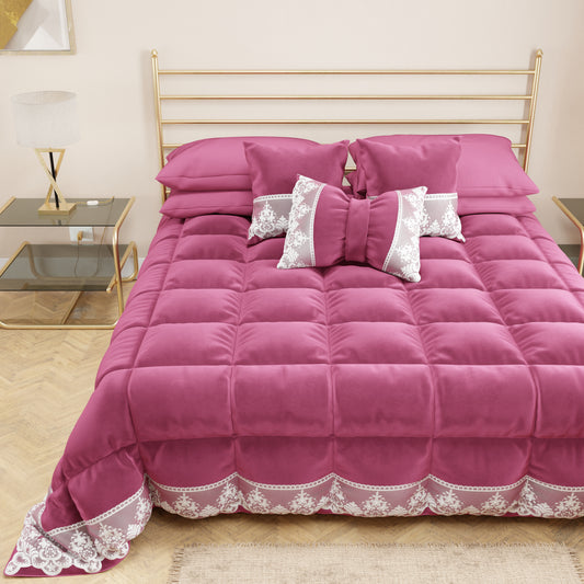 Couette d'hiver en velours doux et chaud avec volant et dentelle rebrodée fuchsia par Sissy