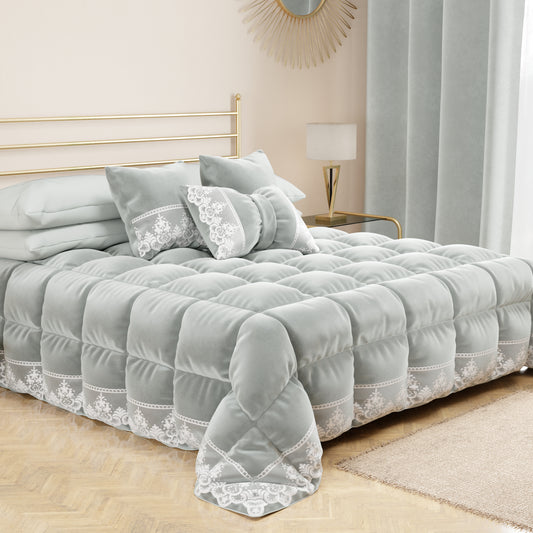 Cuscini Arredo in Velluto e Balza con Pizzo Rebrodè 2pz, Cuscini divano Grigio Chiaro By Sissy