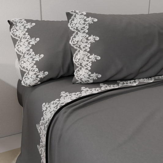 Draps percale avec dentelle, draps double en coton couleur gris fumée