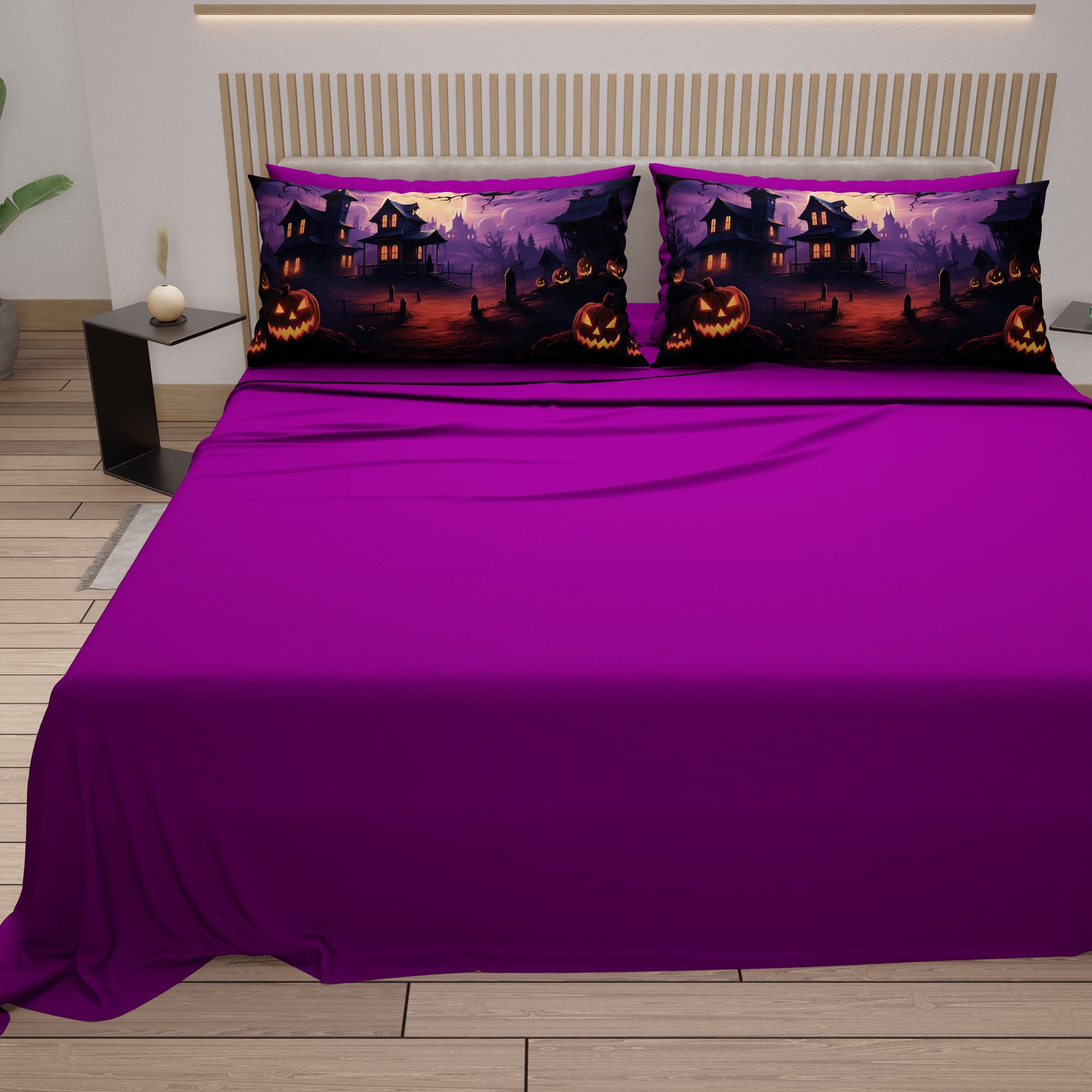Lenzuola in Cotone, Completo Letto con Federe in Stampa Digitale Halloween 06 Prugna.
