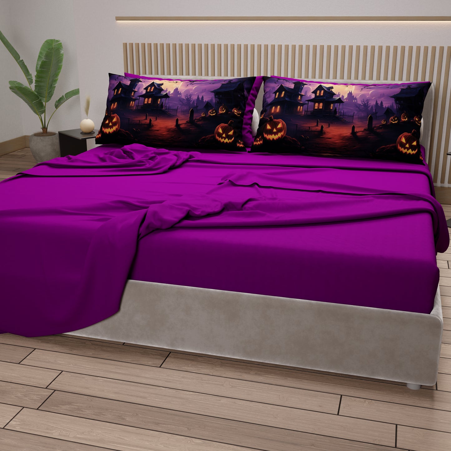 Lenzuola in Cotone, Completo Letto con Federe in Stampa Digitale Halloween 06 Prugna.