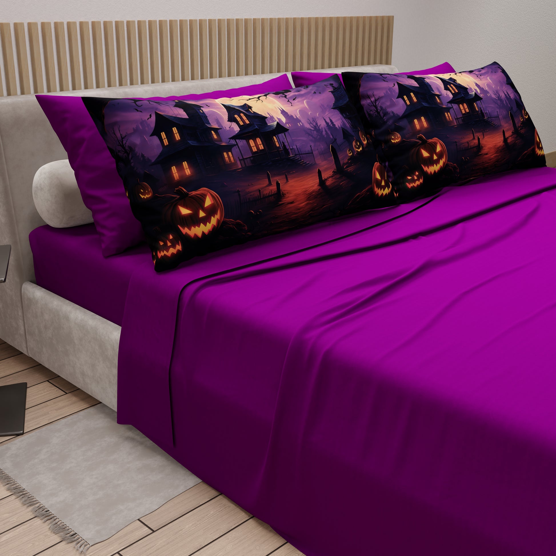 Lenzuola in Cotone, Completo Letto con Federe in Stampa Digitale Halloween 06 Prugna.