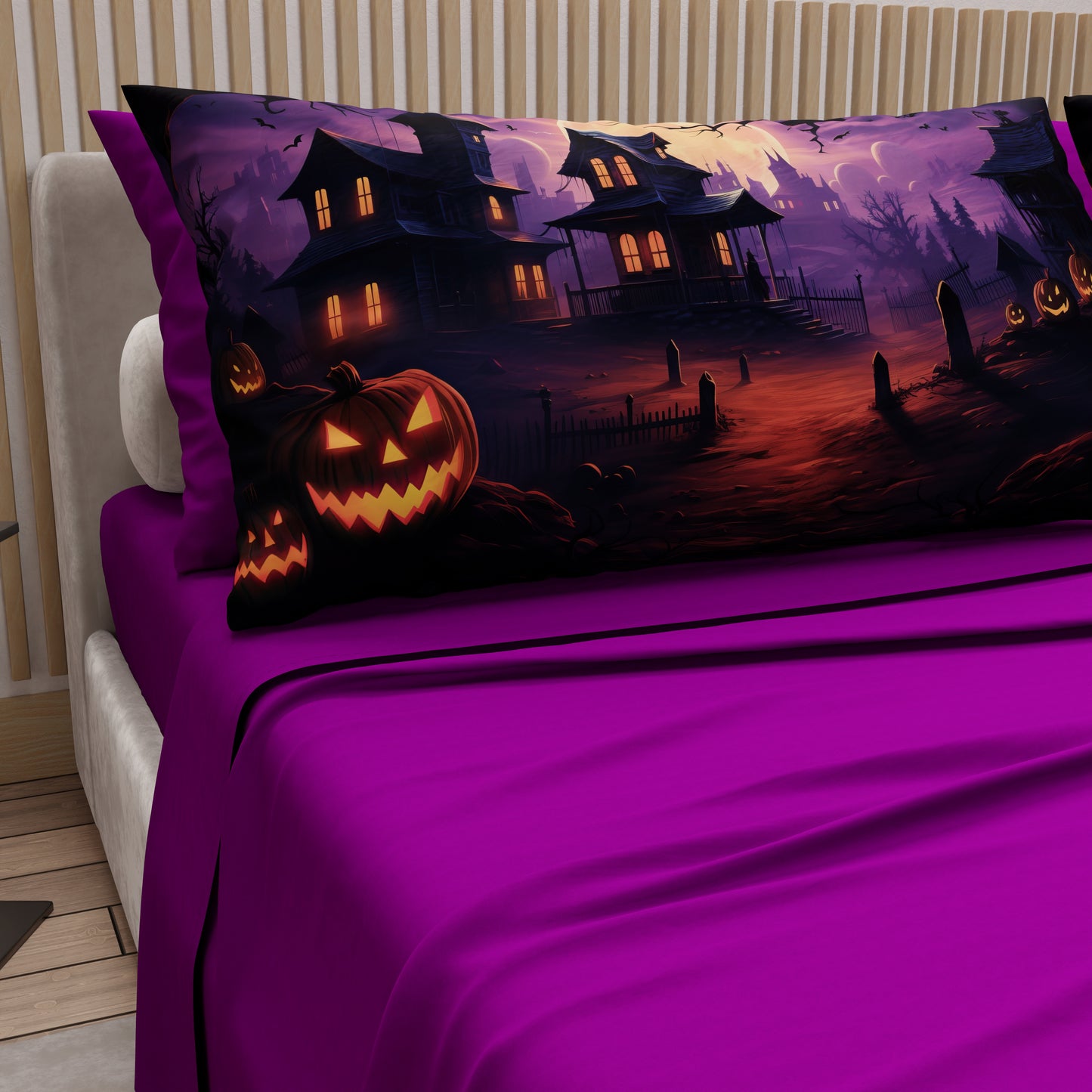 Lenzuola in Cotone, Completo Letto con Federe in Stampa Digitale Halloween 06 Prugna.