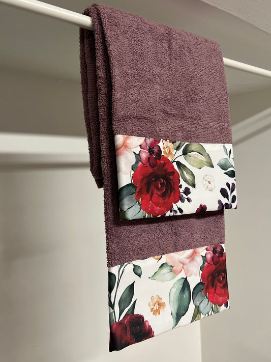 Serviette de Bain 1+1 avec Bordure en Impression Digitale Florale 07 Prune Maxi