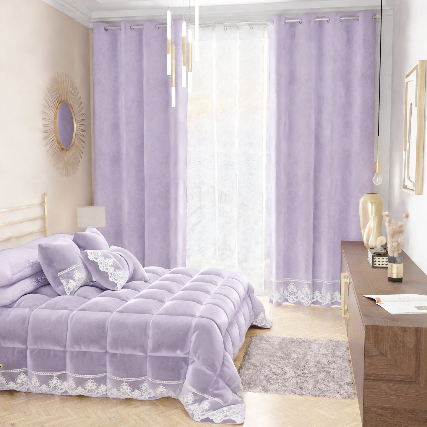 Trapunta Invernale in Morbido e Caldo Velluto e Balza con Pizzo Rebrodè Lilla By Sissy