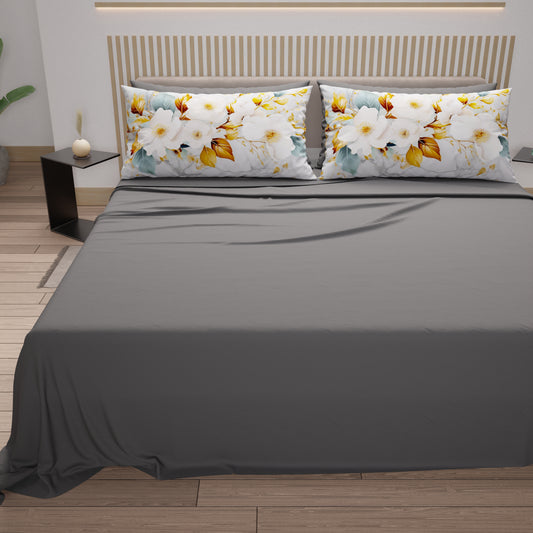 Draps en Coton, Parure de Lit avec Taies d'Oreiller en Impression Numérique Flower Ceramic 01 Gris Foncé