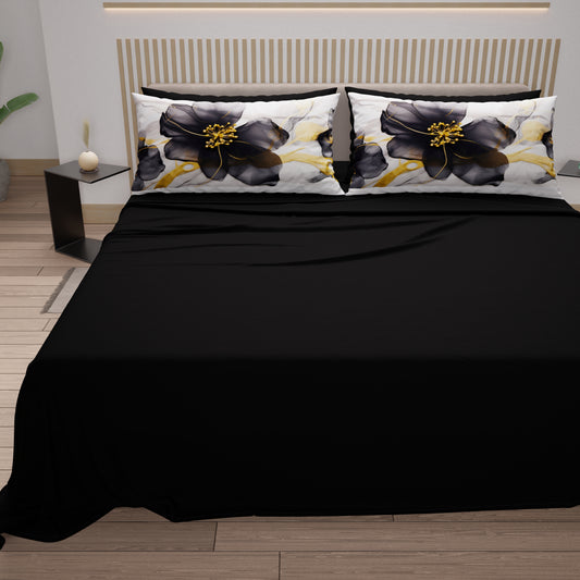 Draps en Coton, Parure de Lit avec Taies d'Oreiller en Impression Numérique Marble Flower 07 Noir