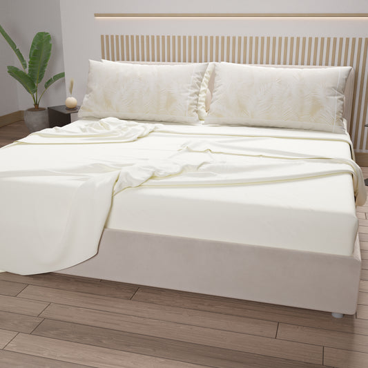 Lenzuola in Cotone, Completo Letto con Federe in Stampa Digitale Foglia Tortora