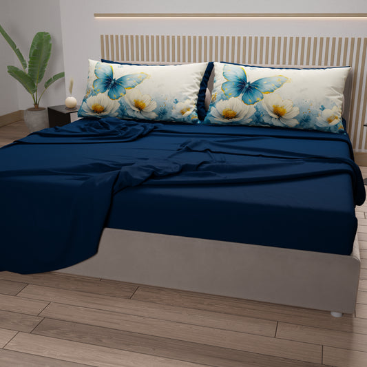 Draps en Coton, Parure de Lit avec Taies d'Oreiller en Impression Numérique Mariposa 04 Céleste