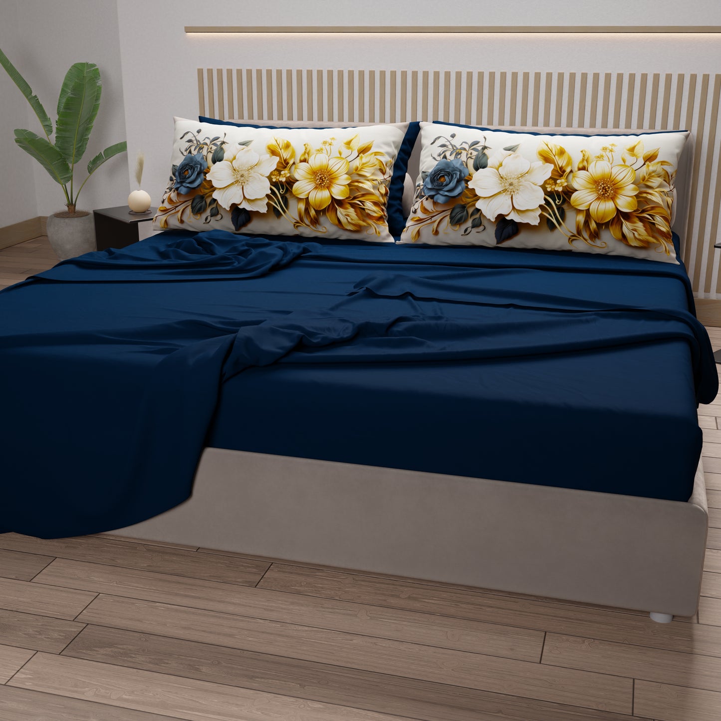 Lenzuola in Cotone, Completo Letto con Federe in Stampa Digitale Flower Ceramic 04 Blu