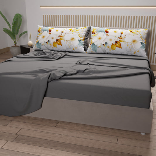 Draps en Coton, Parure de Lit avec Taies d'Oreiller en Impression Numérique Flower Ceramic 01 Gris Foncé