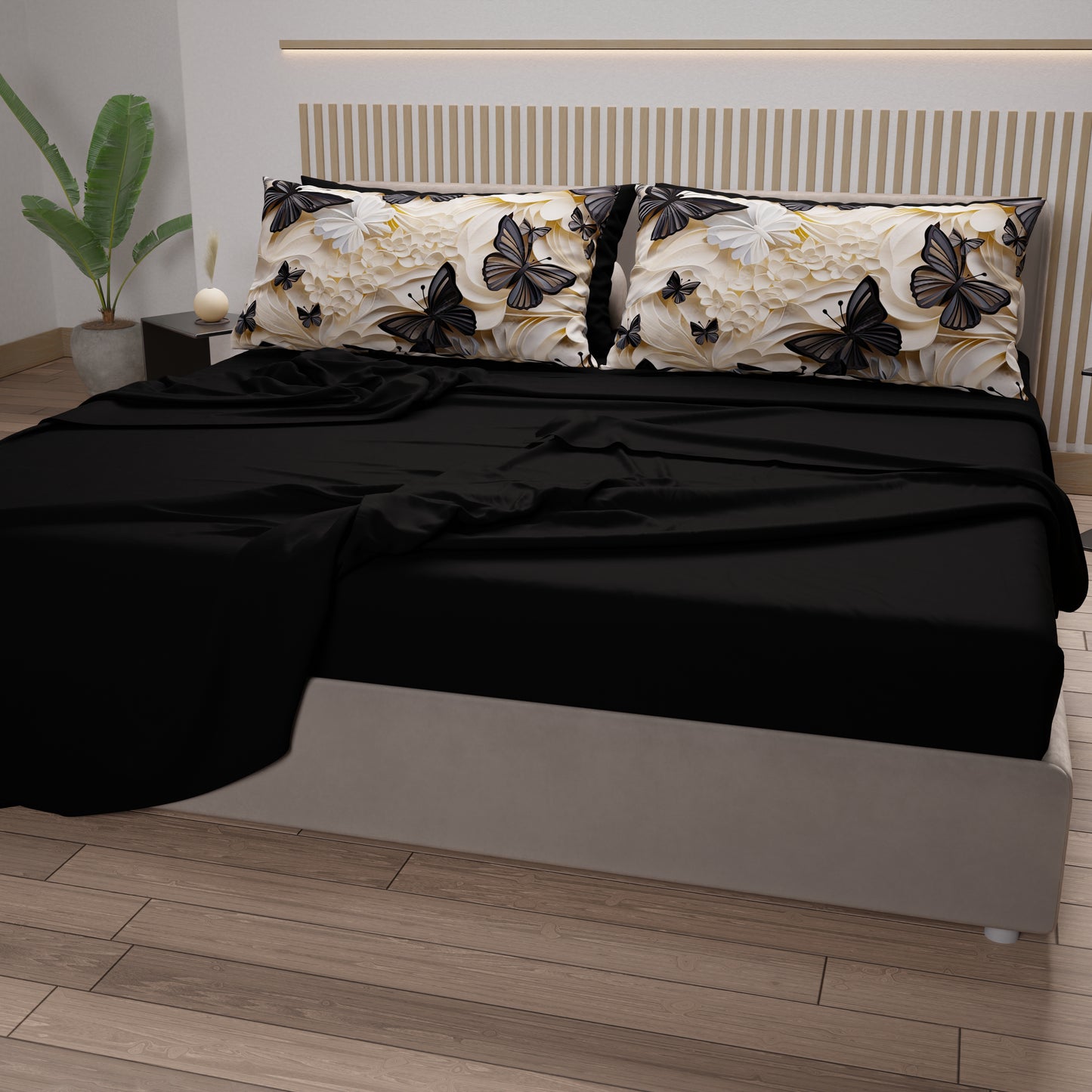 Lenzuola in Cotone, Completo Letto con Federe in Stampa Digitale Mariposa 05 Nero