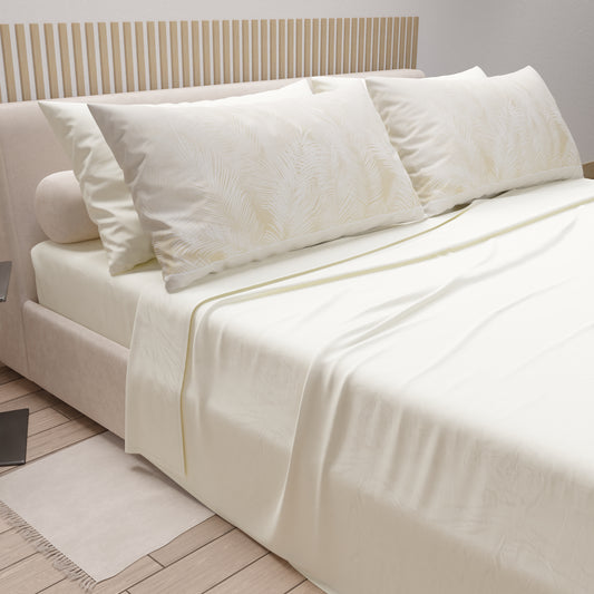 Lenzuola in Cotone, Completo Letto con Federe in Stampa Digitale Foglia Tortora