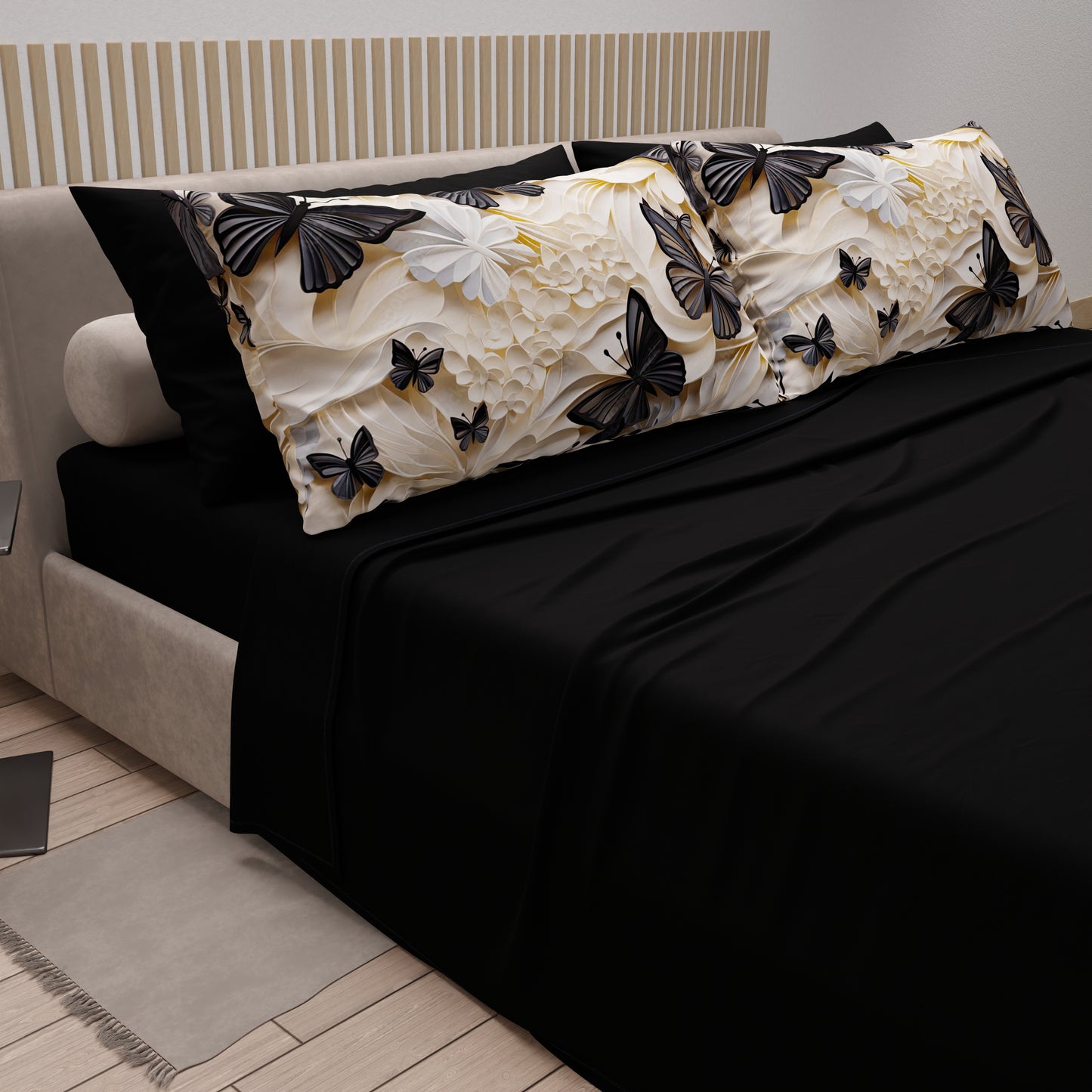 Lenzuola in Cotone, Completo Letto con Federe in Stampa Digitale Mariposa 05 Nero