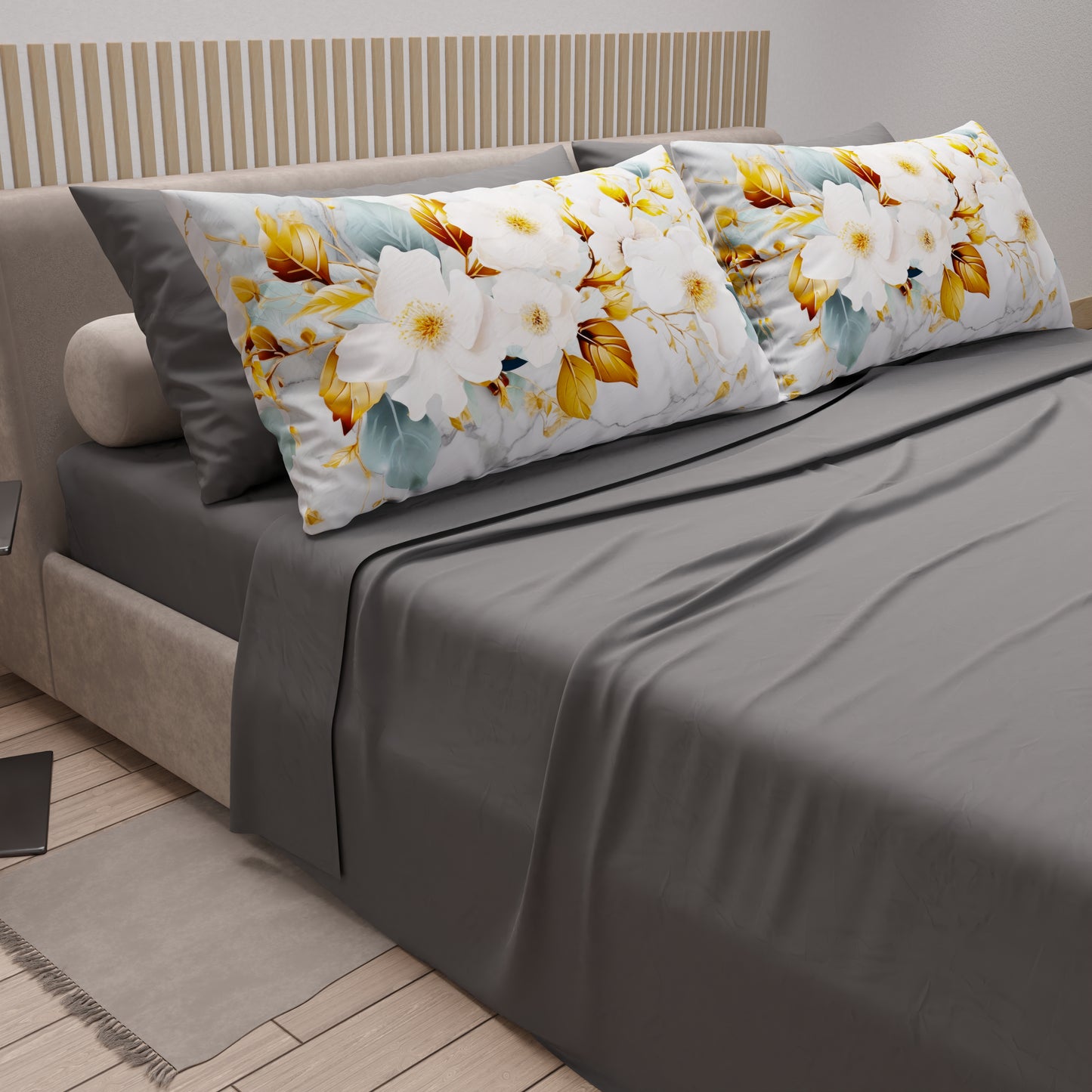 Lenzuola in Cotone, Completo Letto con Federe in Stampa Digitale Flower Ceramic 03 Grigio