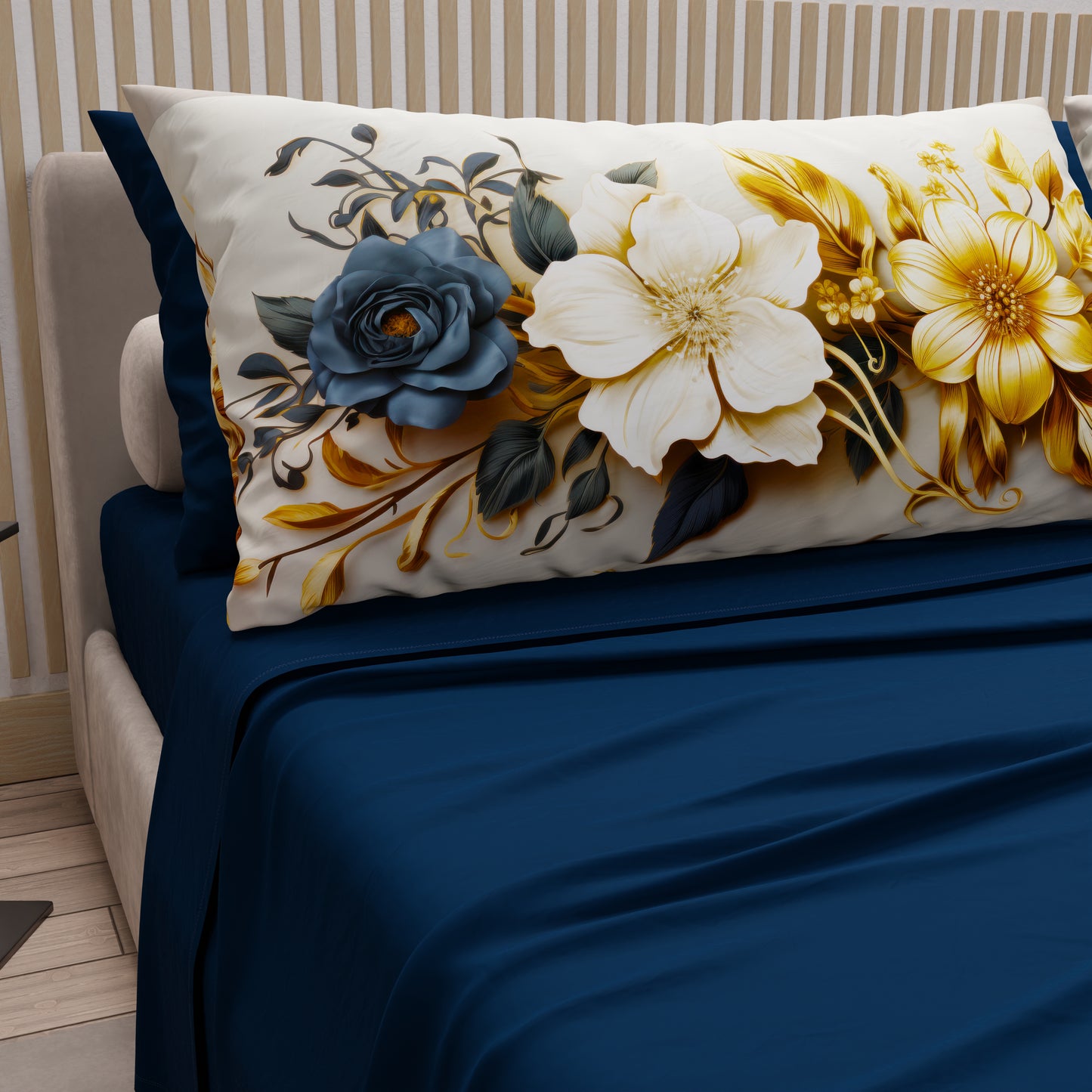 Lenzuola in Cotone, Completo Letto con Federe in Stampa Digitale Flower Ceramic 04 Blu