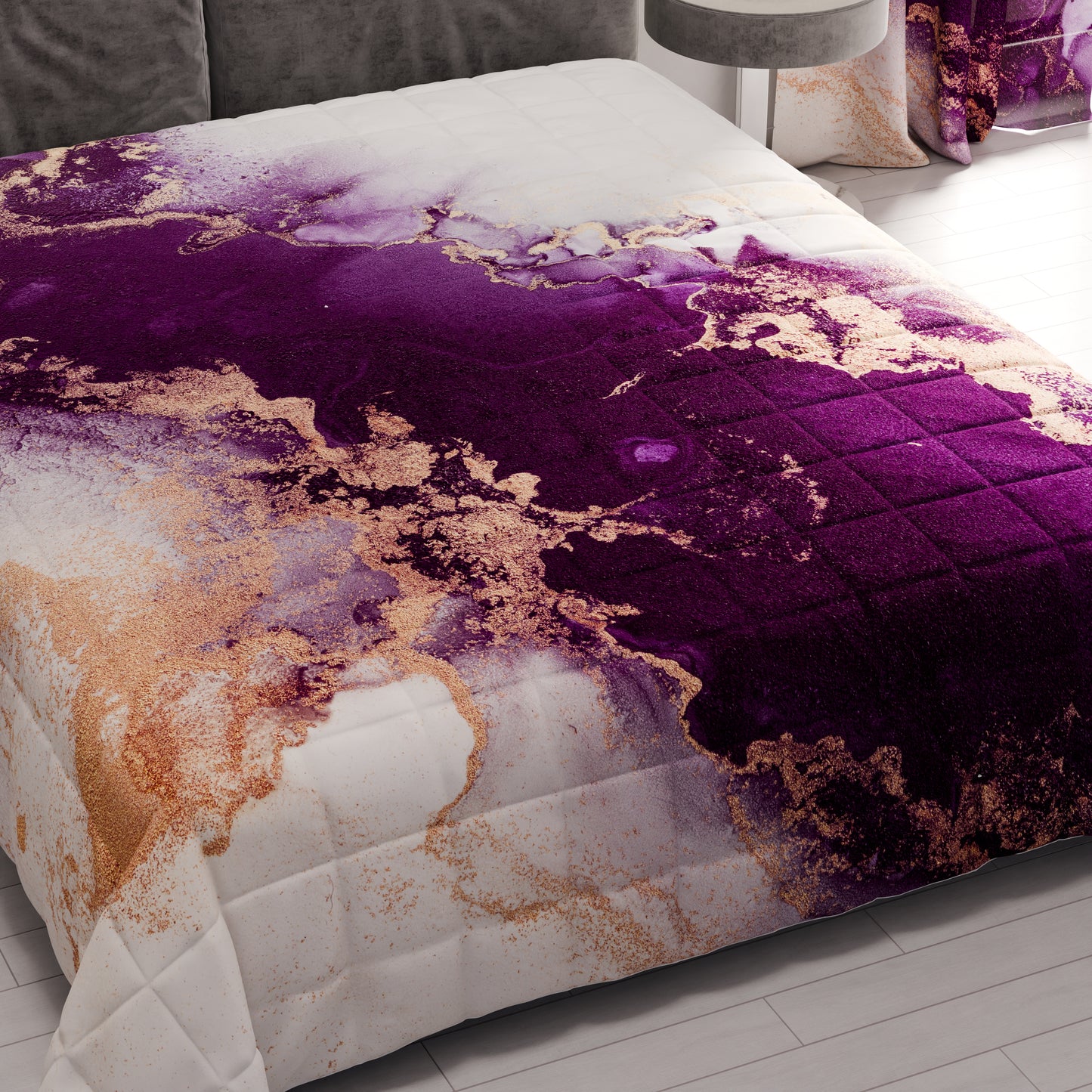 Spring Autumn Quilt Bedspread in Purple Marble Digital Print