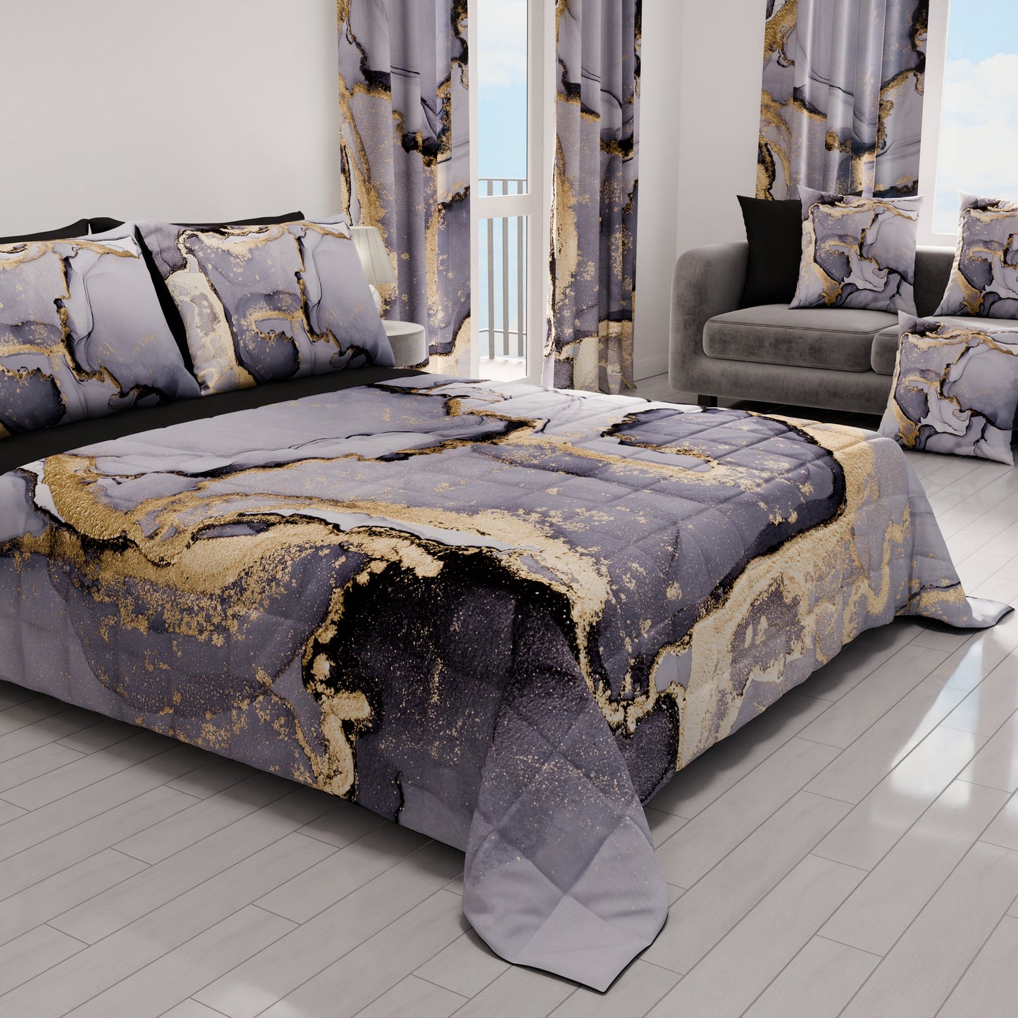 Spring Autumn Quilt Bedspread in Dark Gray Marble Digital Print