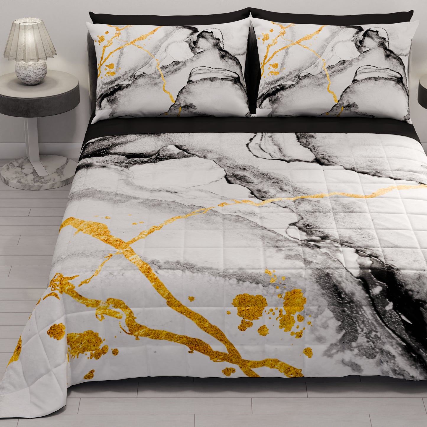 Spring Autumn Quilt Bedspread in Light Gray Marble Digital Print