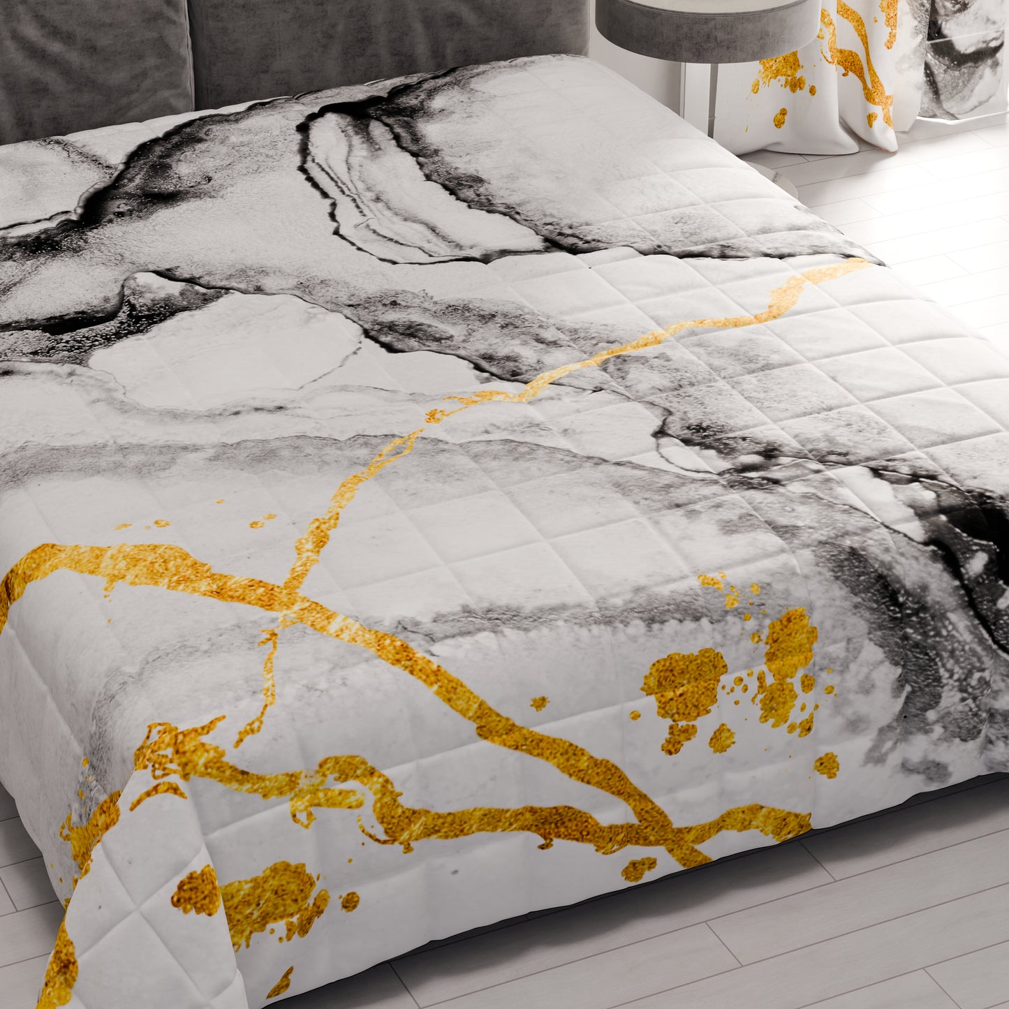 Spring Autumn Quilt Bedspread in Light Gray Marble Digital Print